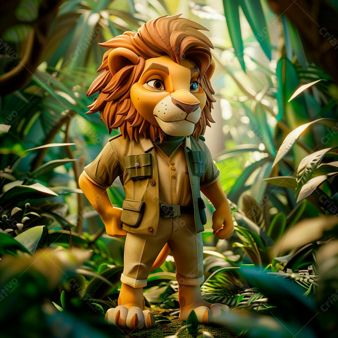 Leão explorador na floresta tropical