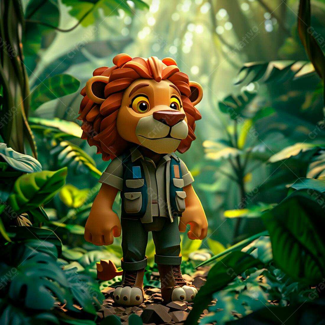 Leãozinho explorador na selva verde