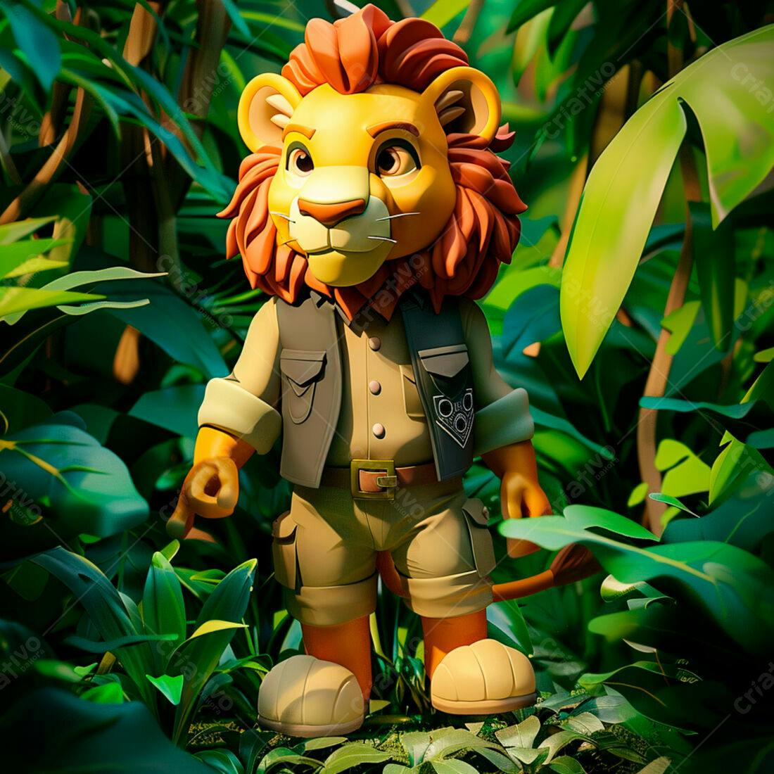 Leão explorador em floresta tropical