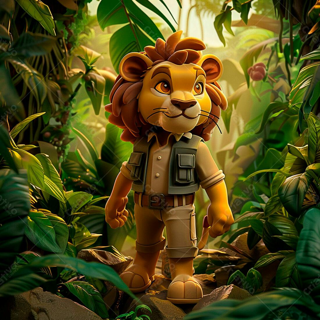 Leãozinho explorador na selva tropical