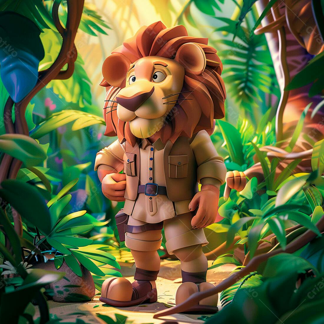Leão explorador na selva tropical