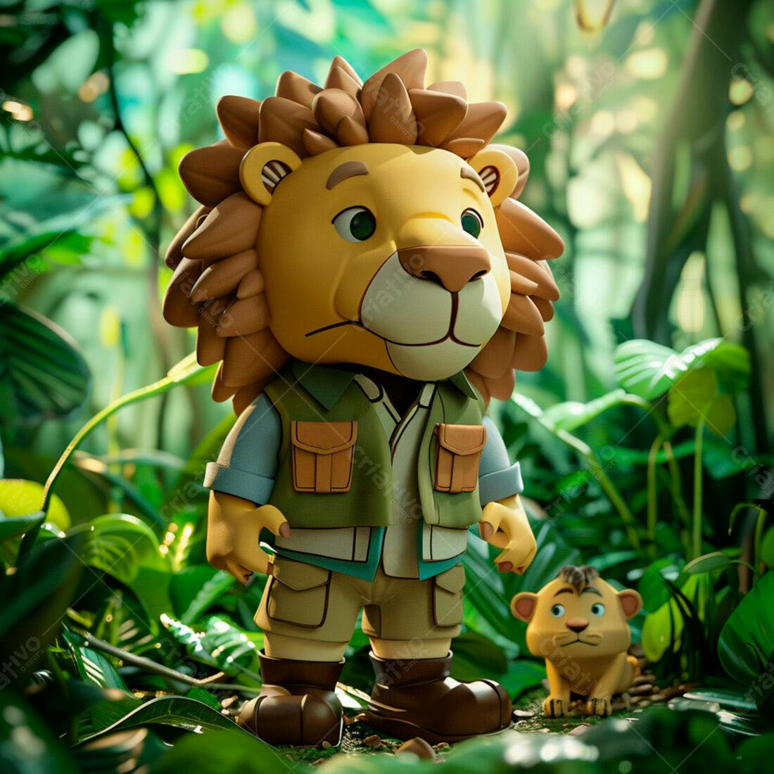 Leãozinho explorador na selva verde