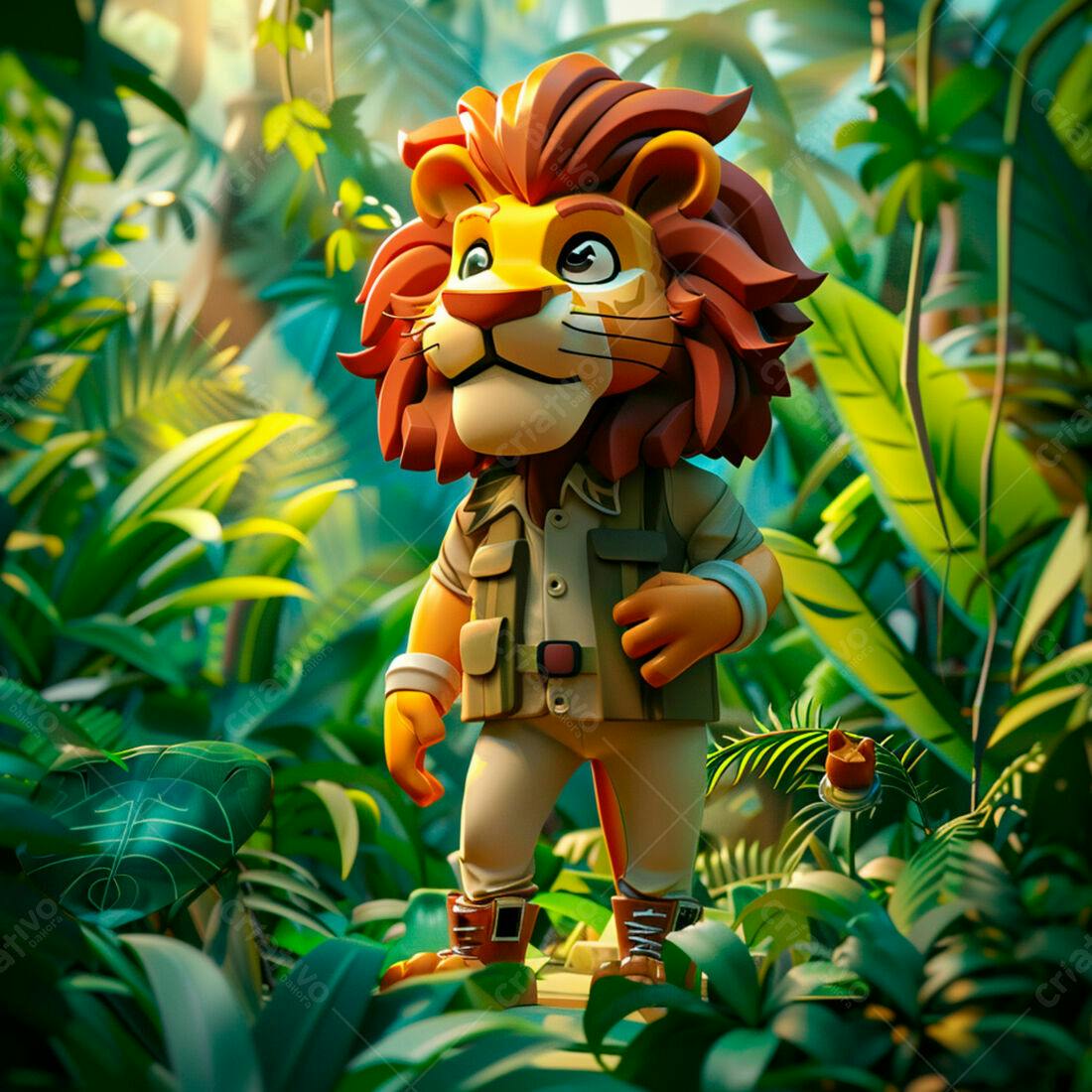 Leão explorador na selva tropical