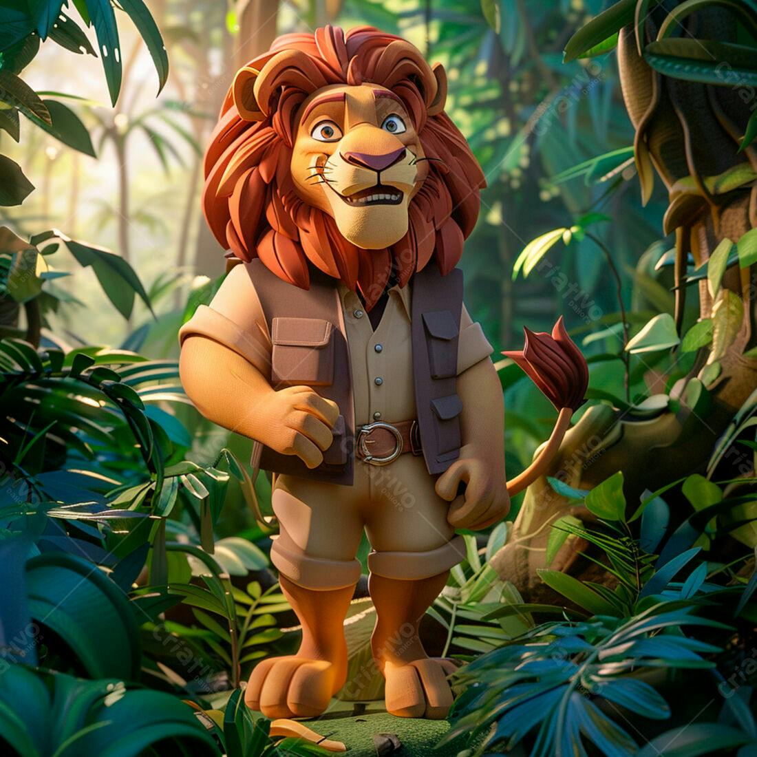Leão explorador em floresta tropical