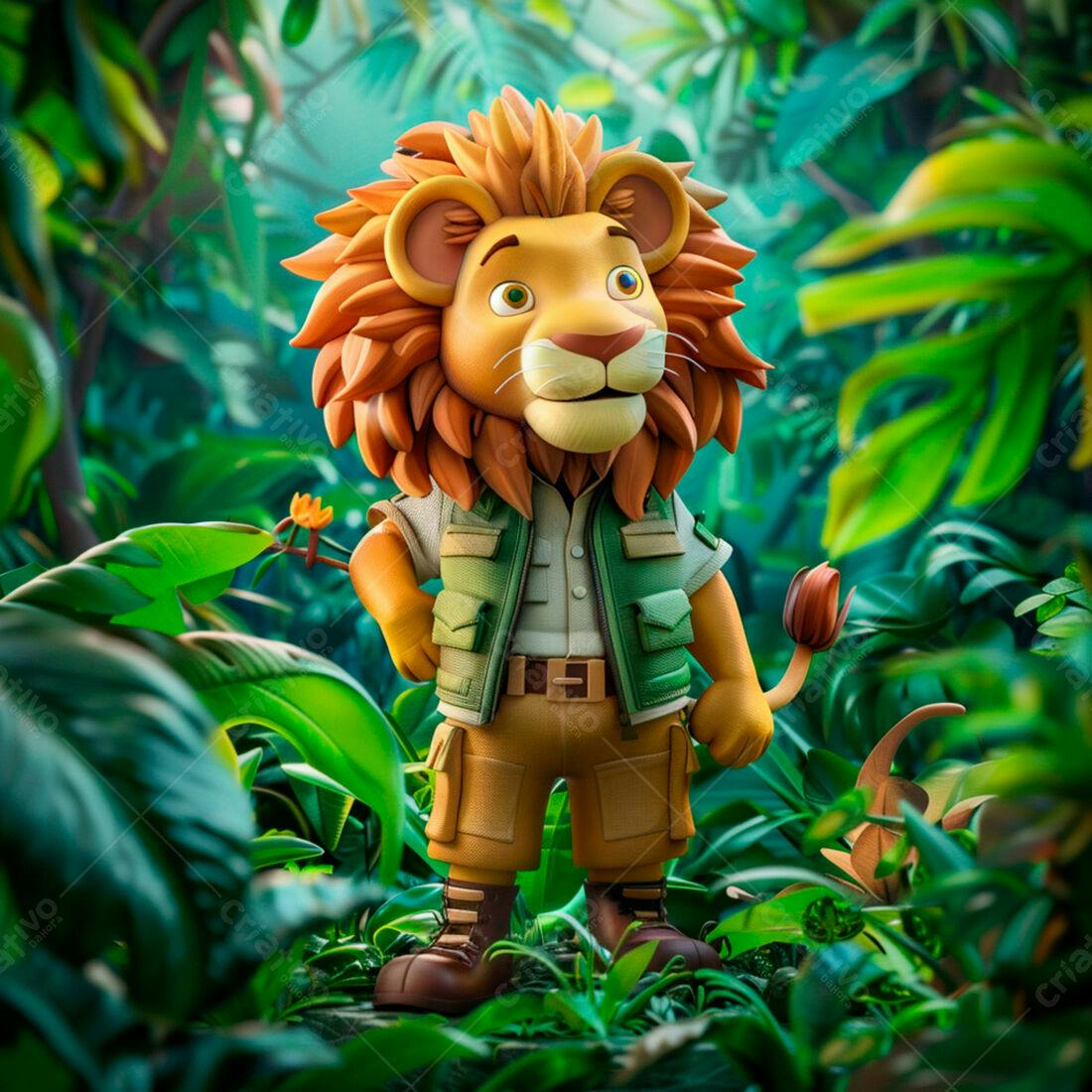 Leão explorador na selva tropical