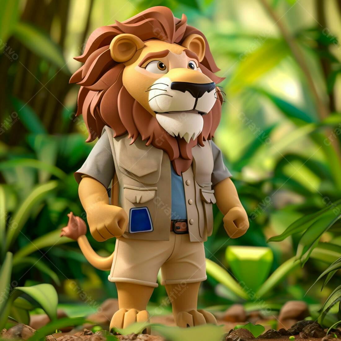 Leão explorador em floresta tropical