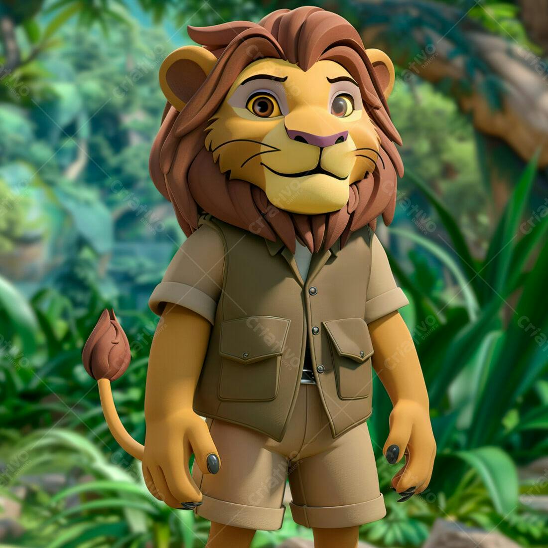 Leão explorador em floresta tropical