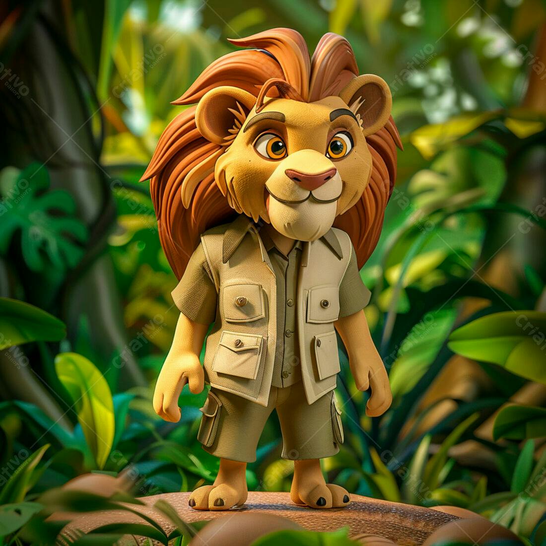 Leão em uniforme de explorador na selva