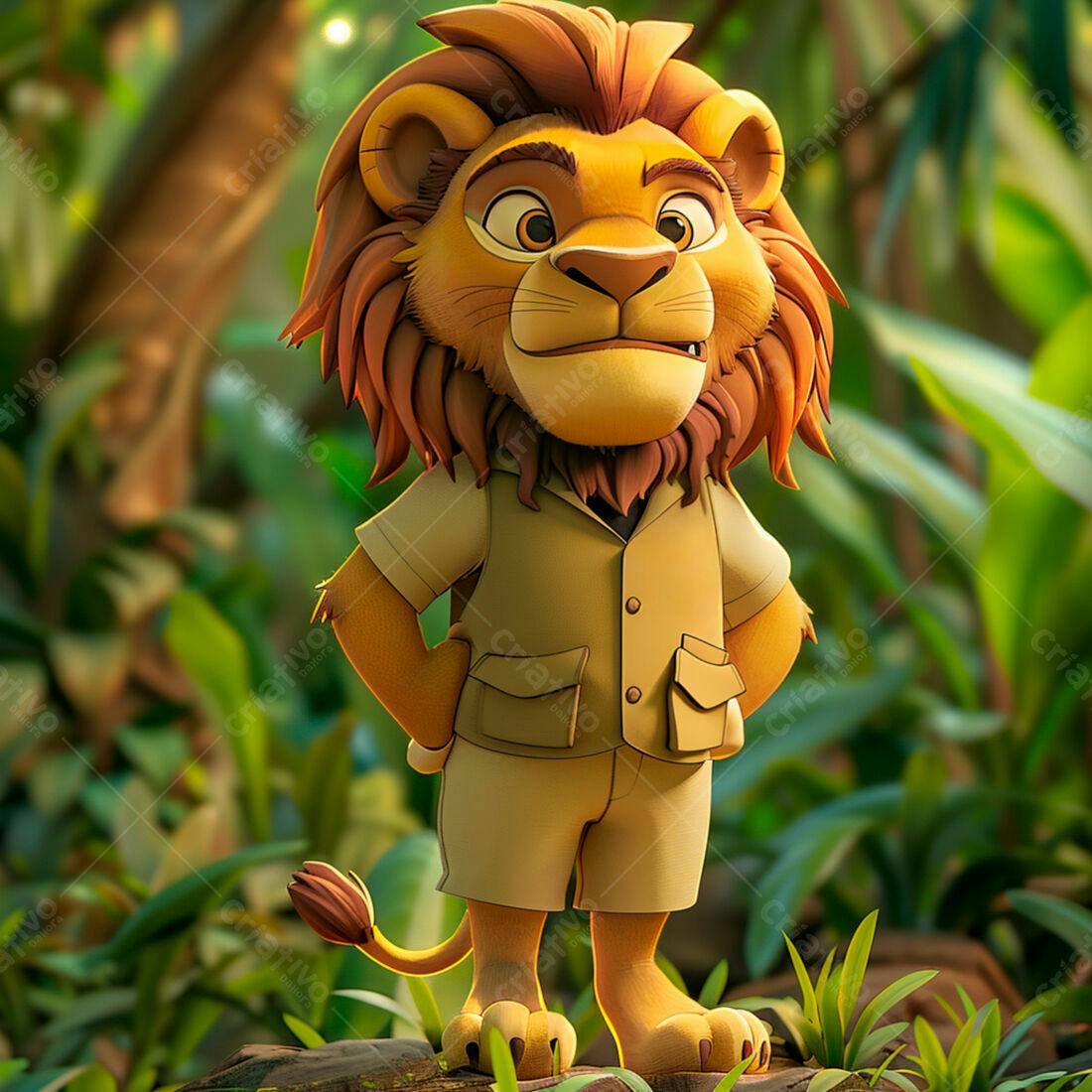 Leão em uniforme de explorador na selva