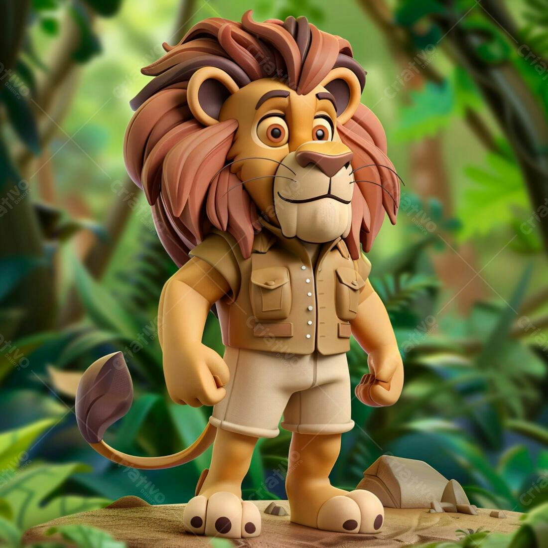 Leão animado explorador na selva