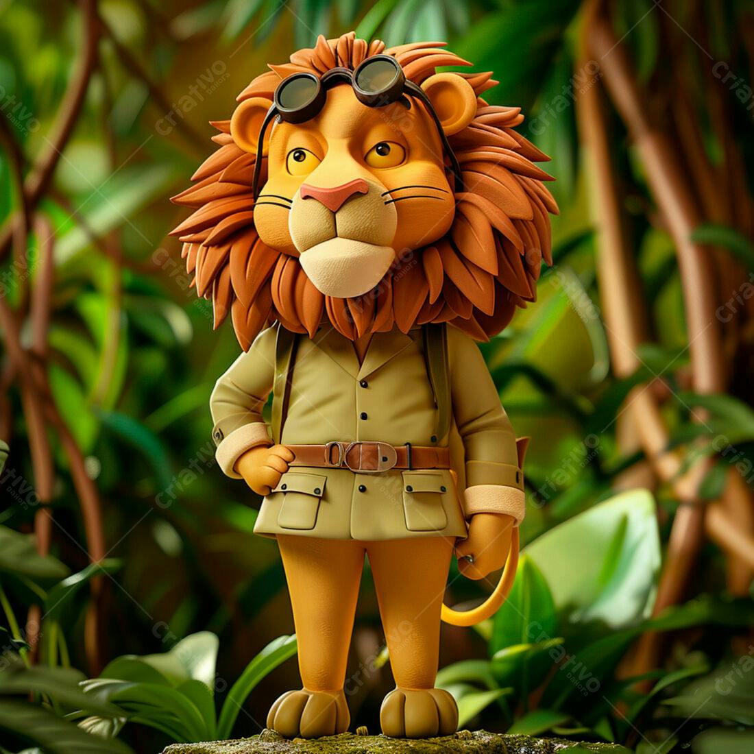 Leão explorador em floresta tropical