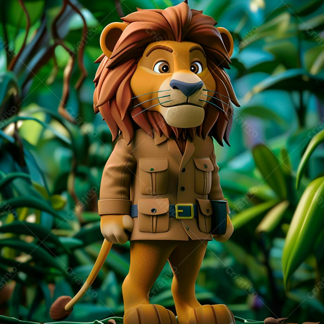 Leão em uniforme de explorador na selva