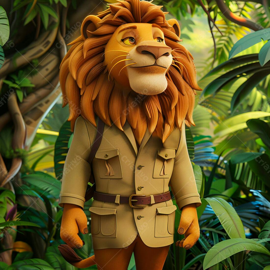 Leão em jaqueta safari na selva