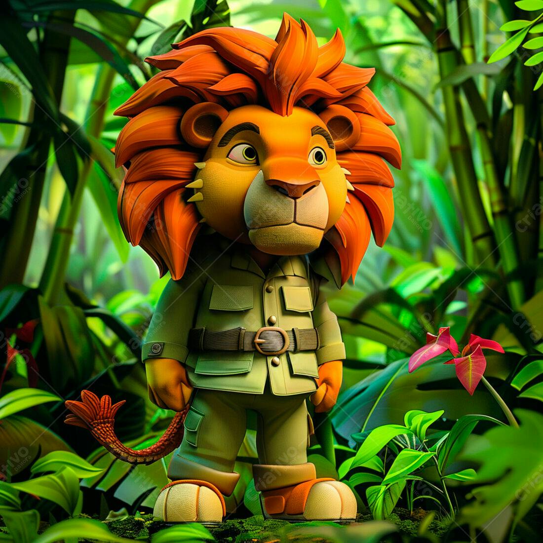Leãozinho explorador na selva verde