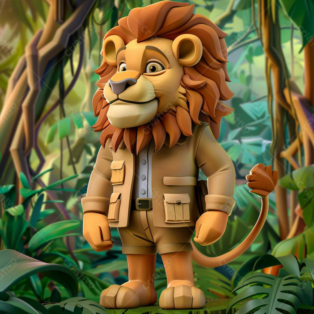Leão explorador em floresta tropical