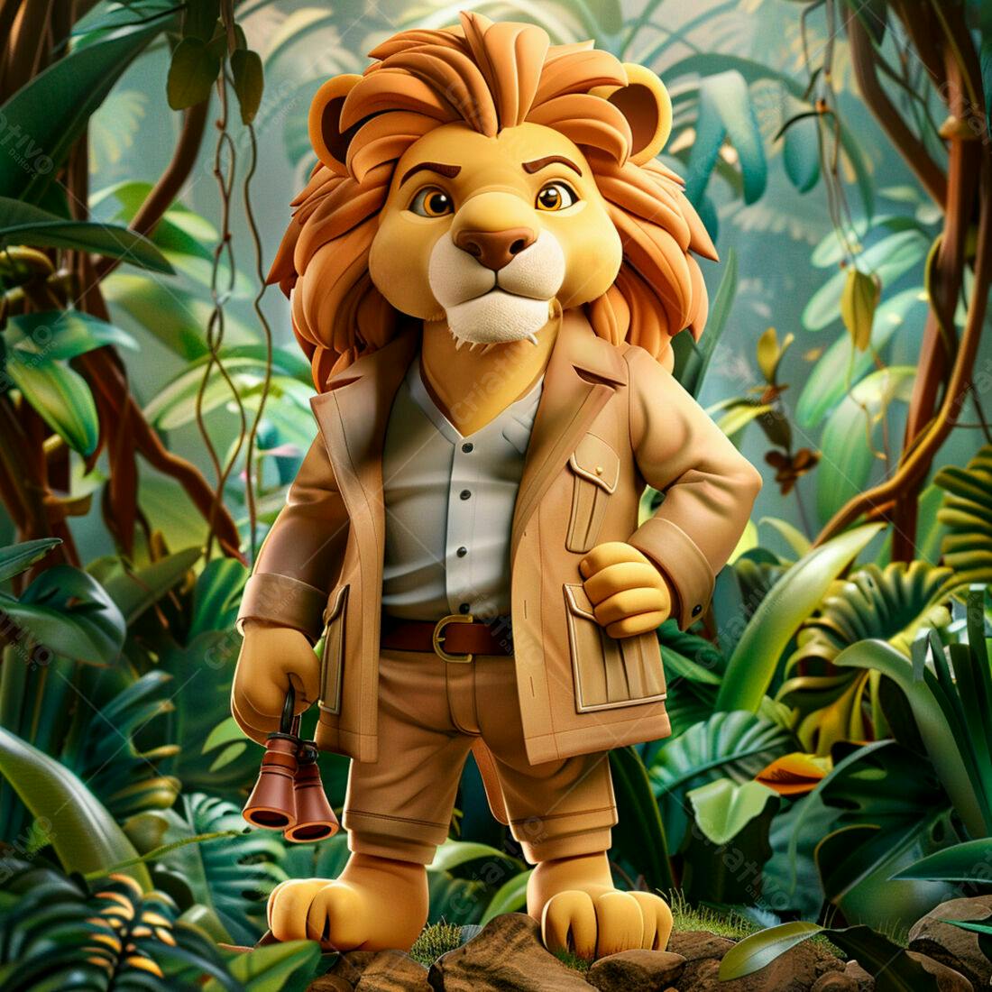Leão explorador na selva tropical
