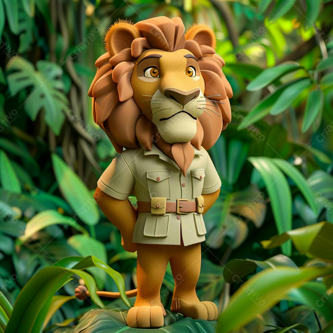 Leão em uniforme de explorador na selva