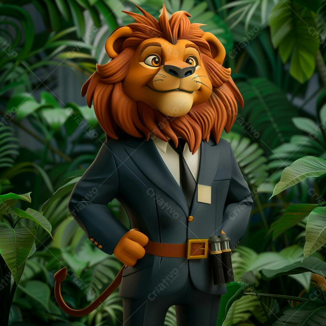Leão em terno na selva exuberante