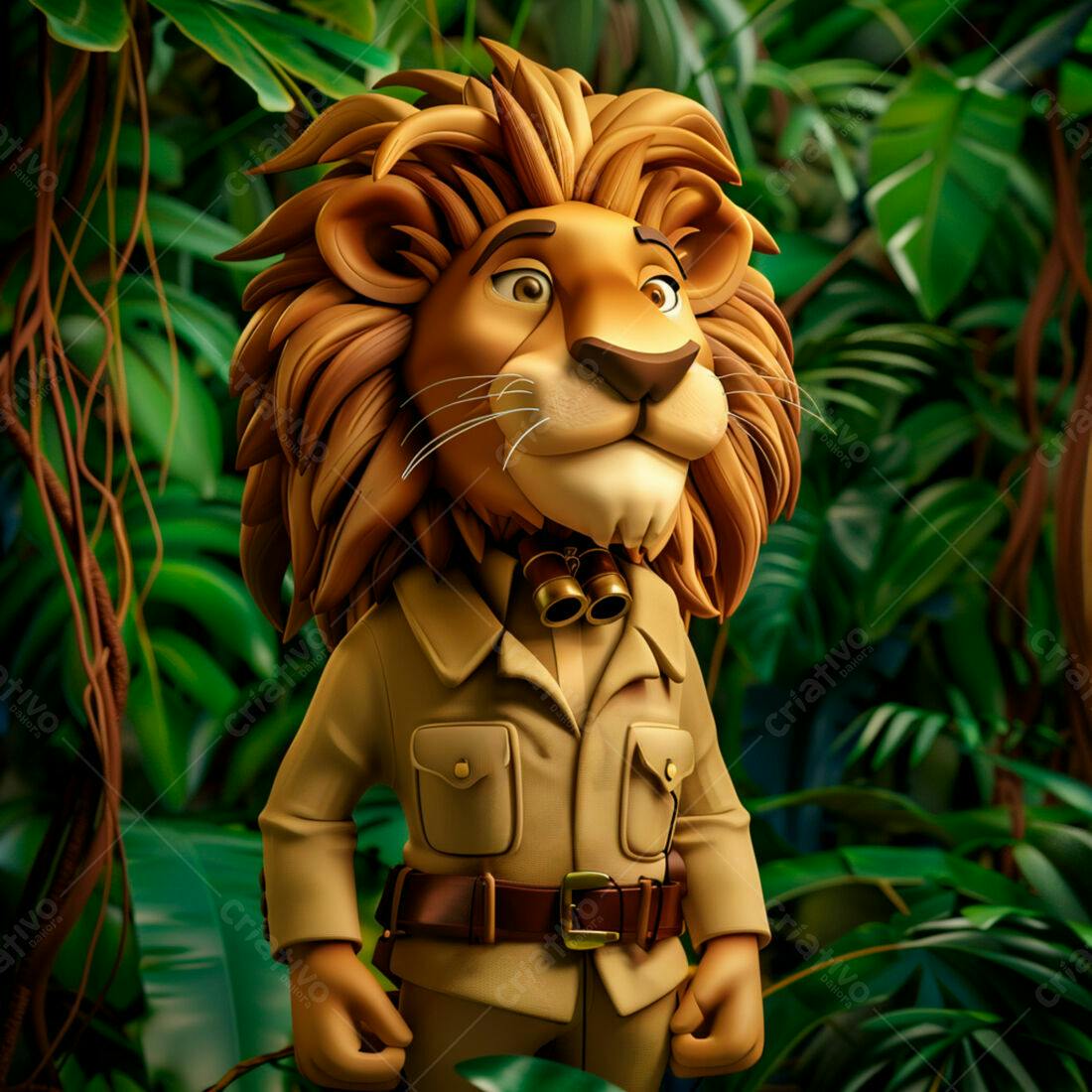 Leão explorador na selva tropical