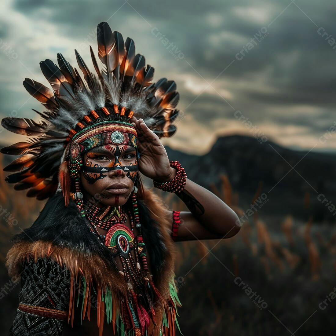 Indígena com pintura facial e traje tradicional