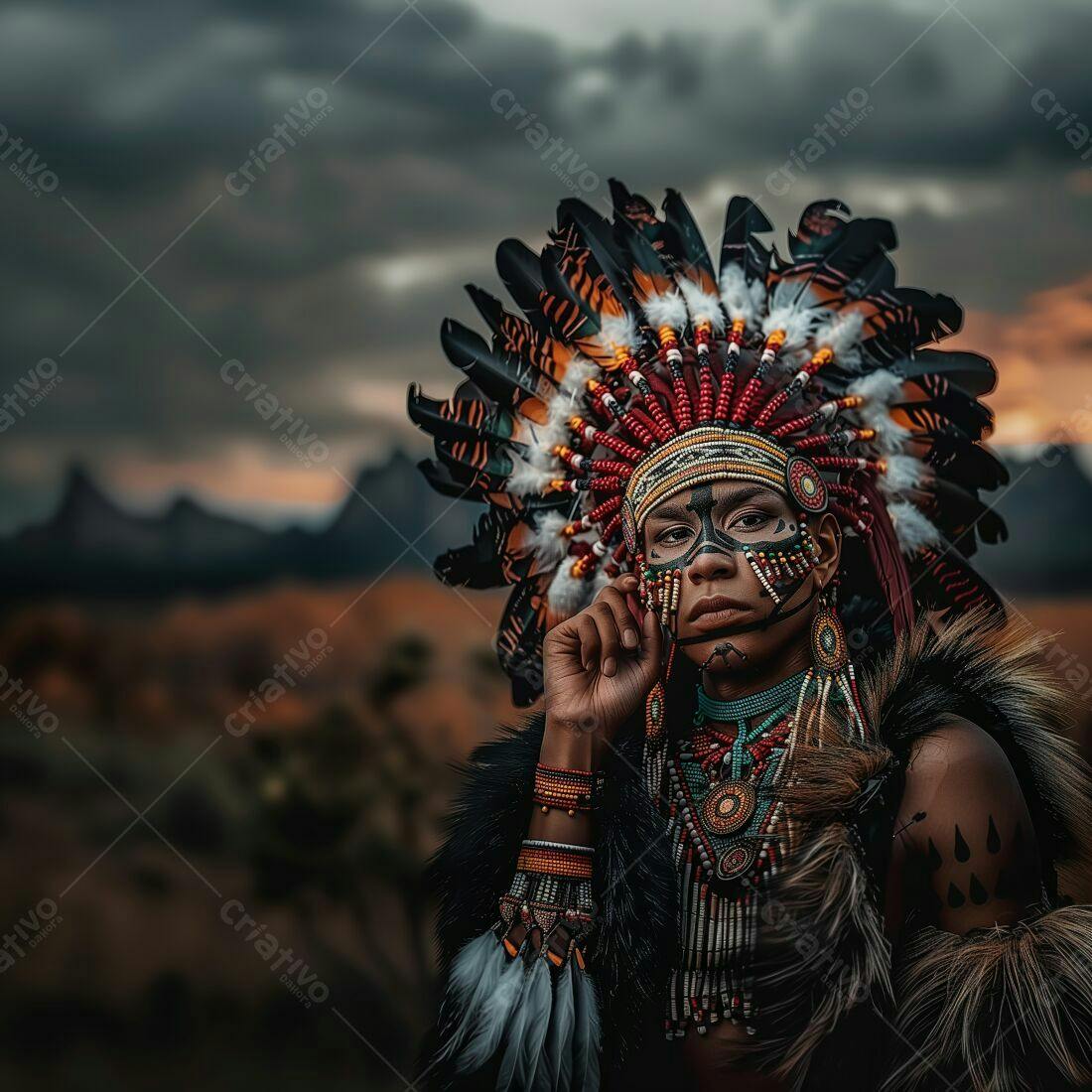 Rapaz indígena com traje tradicional ao entardecer
