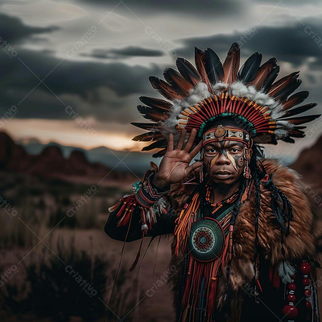 Homem com traje indígena no deserto ao pôr do sol