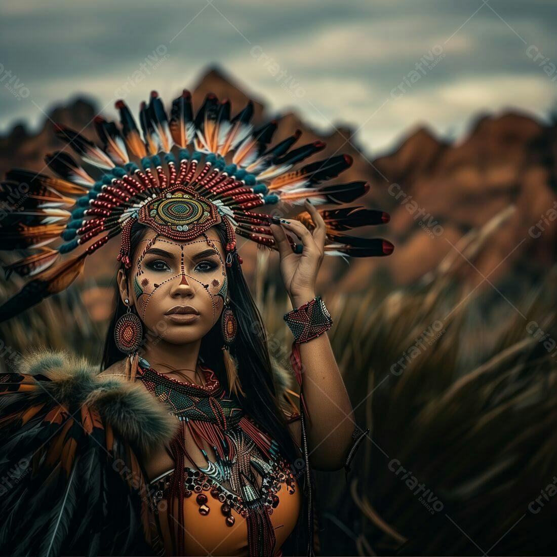 Mulher indígena com traje tradicional e penas