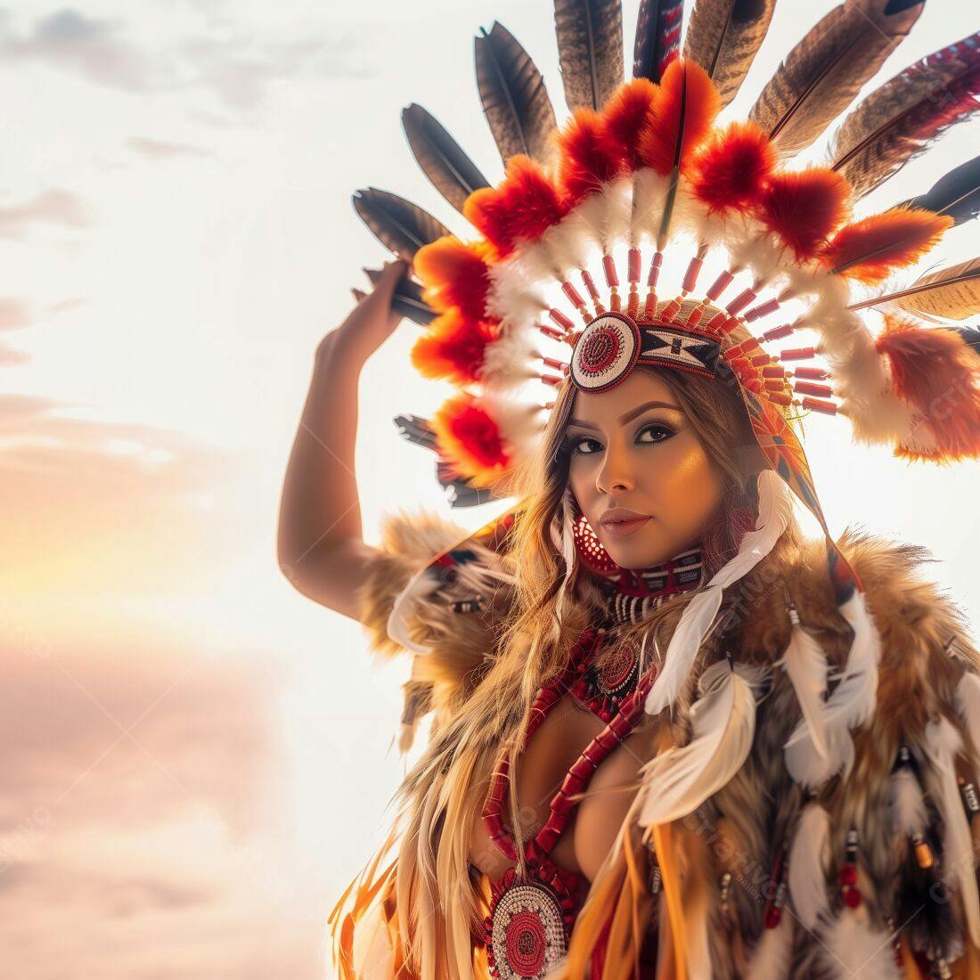 Modelo usando traje nativo americano ao entardecer