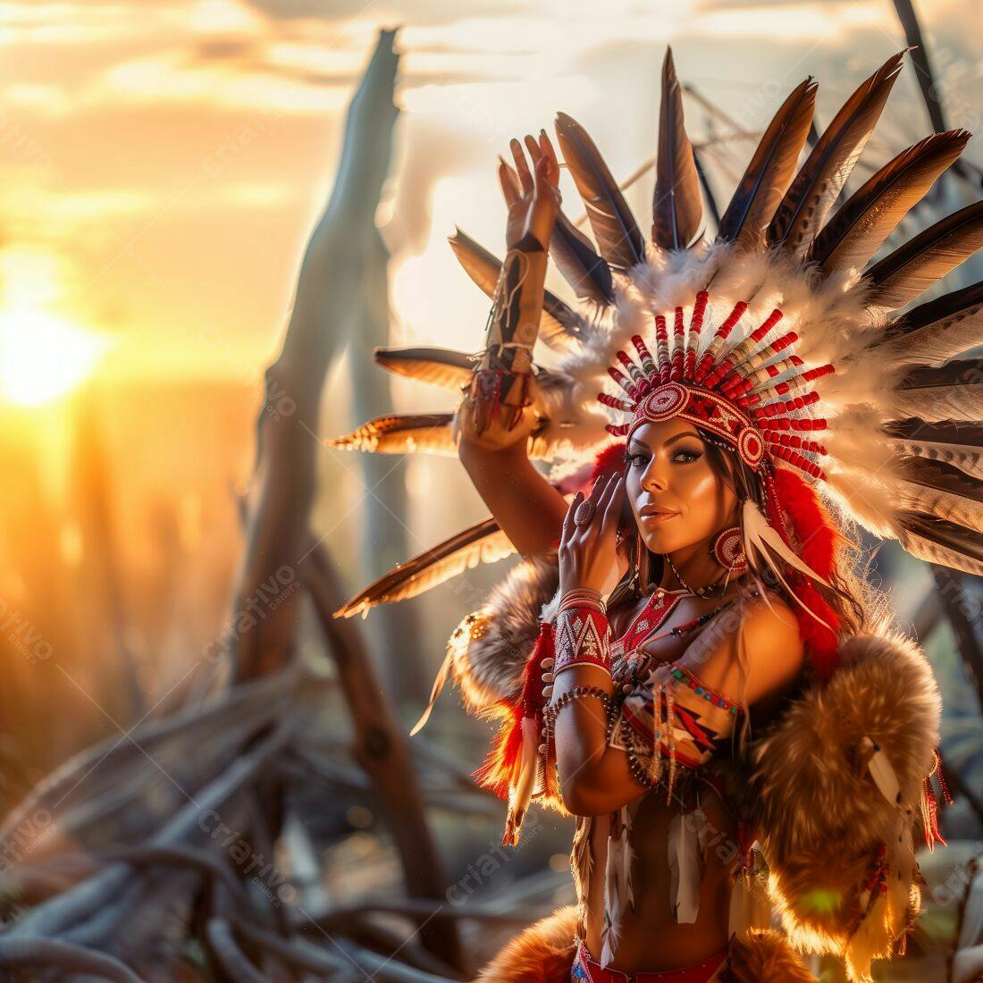 Modelo usando traje nativo americano ao entardecer