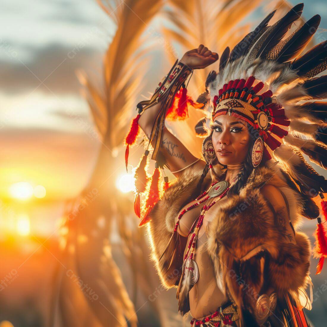 Modelo usando coroa de penas ao entardecer