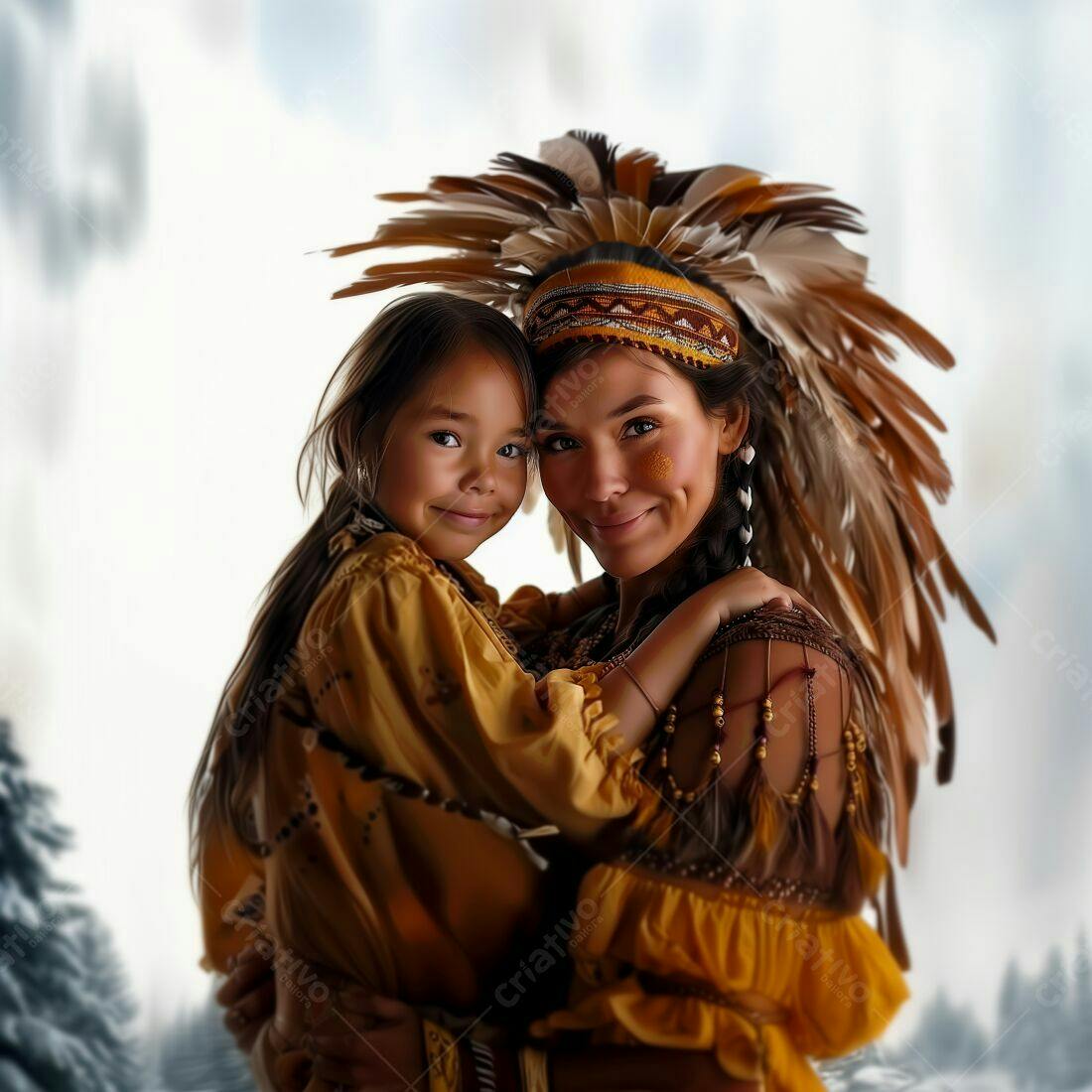 Mãe e filha indígenas em trajes tradicionais