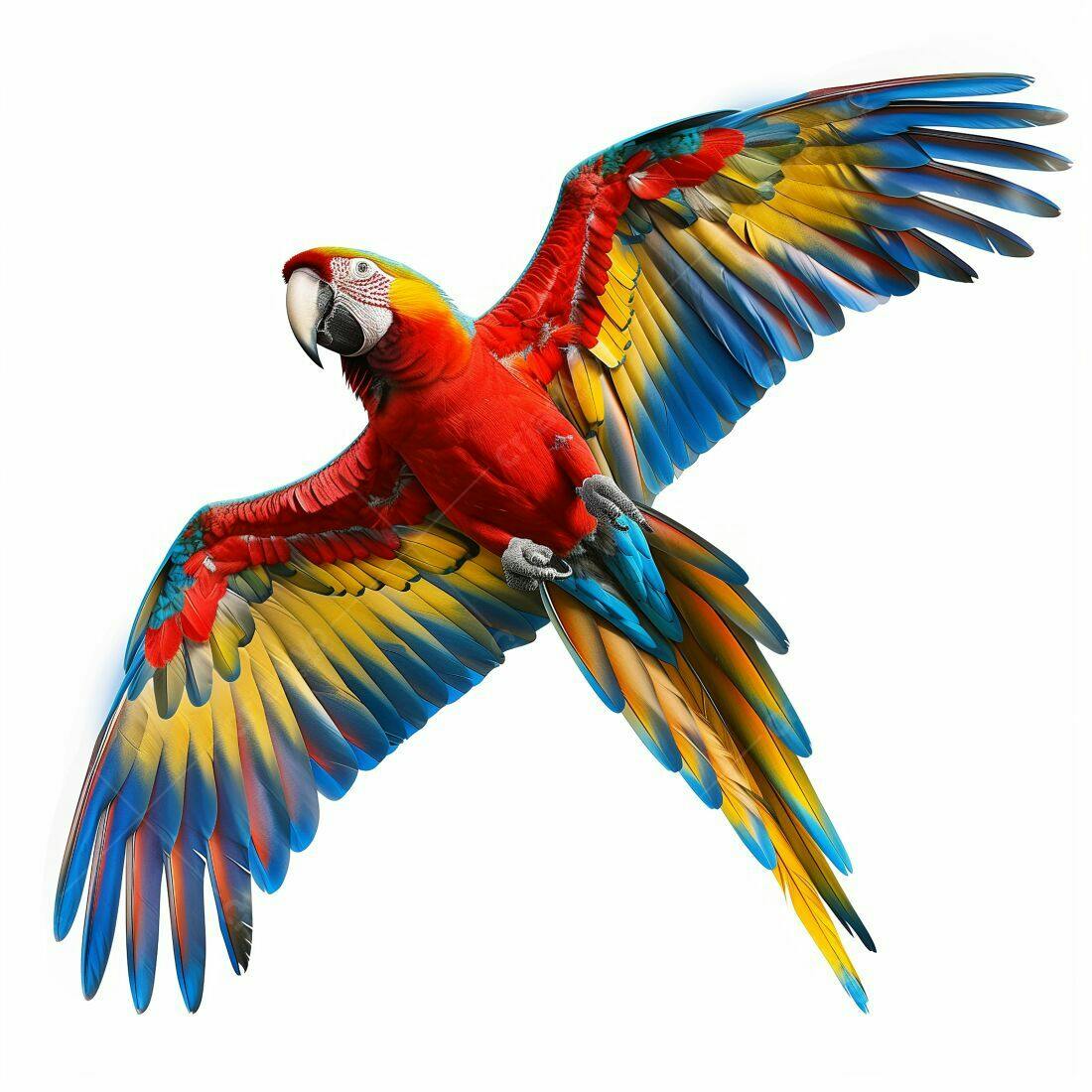 Arara-vermelha em voo com asas abertas