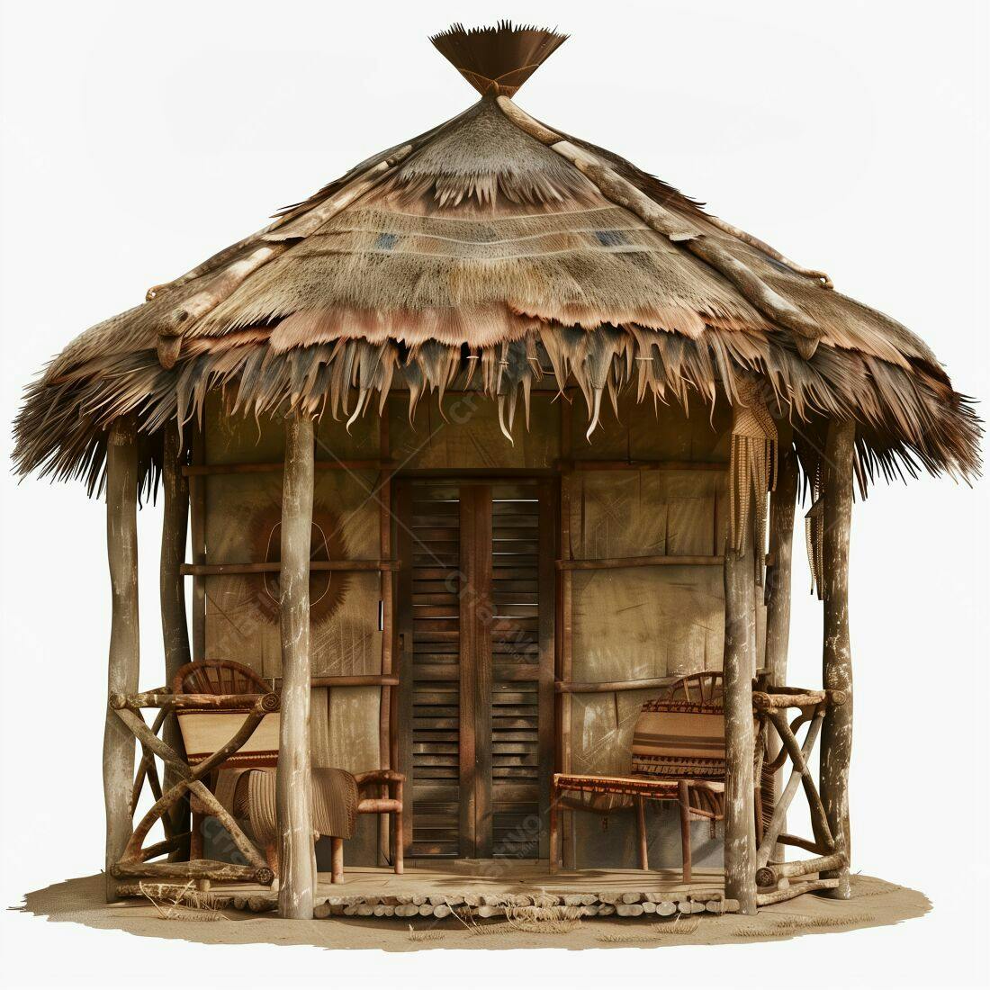 Cabana de palha na praia com mobiliário rústico