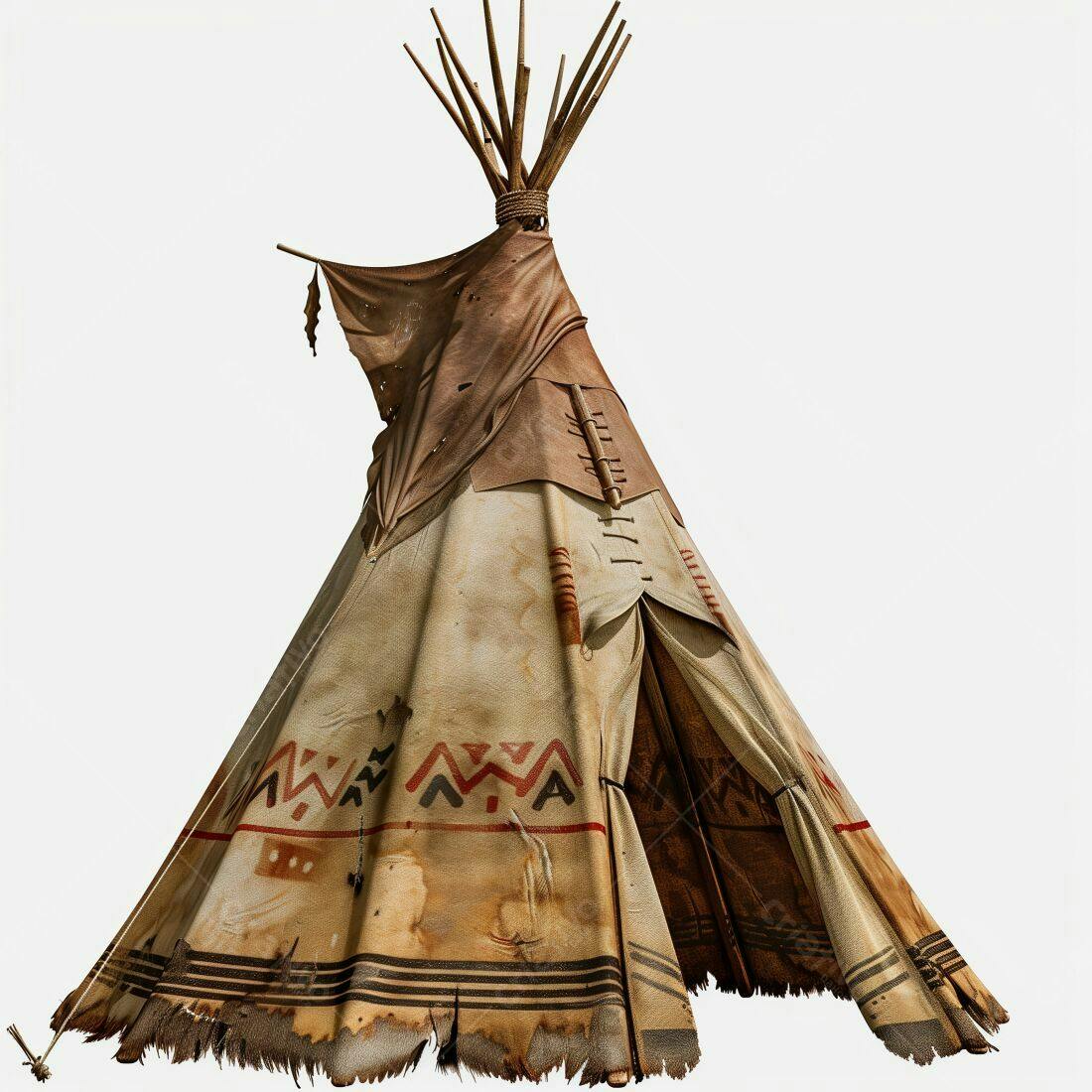 Tipi Indígena Americano com detalhes em couro e madeira