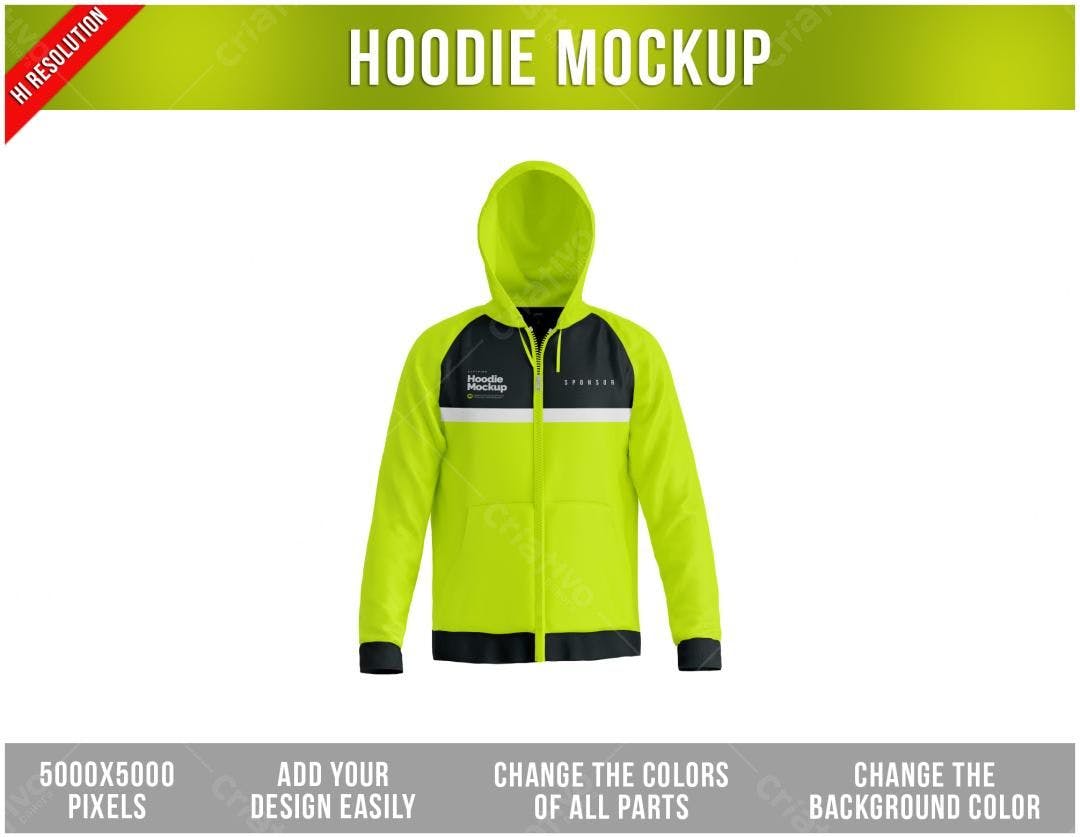 Mockup de Moletom com Zíper Amarelo Fluorescente PSD Editável