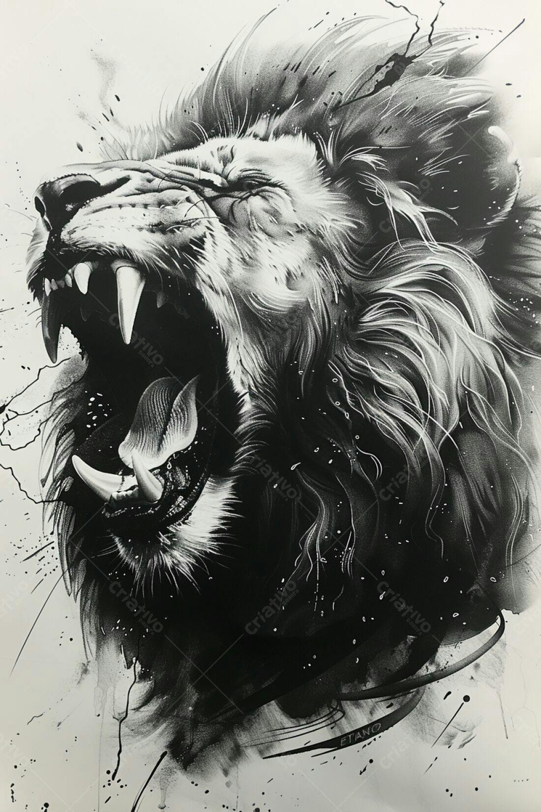 Leão rugindo em desenho monocromático