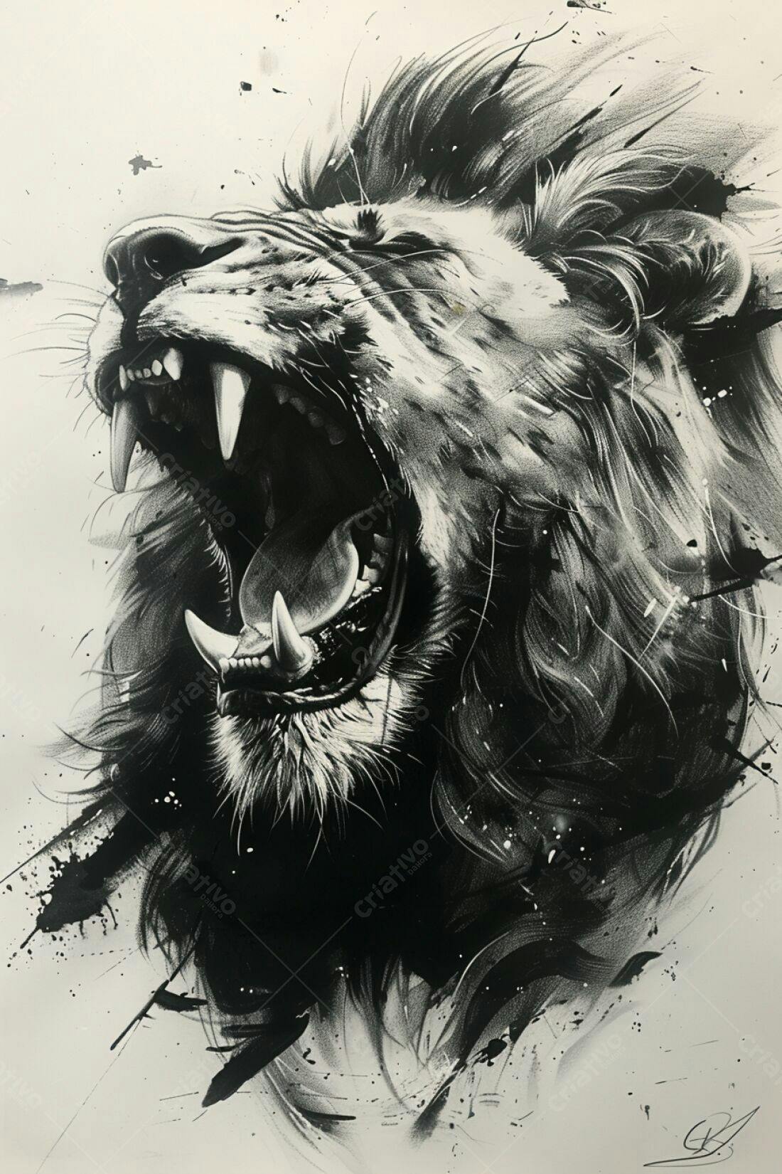 Leão rugindo desenho monocromático