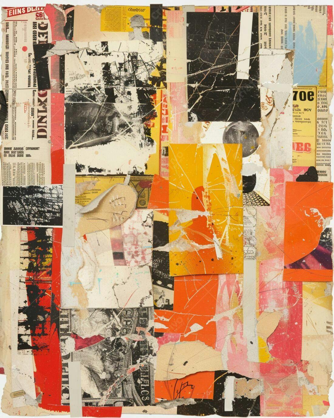 Colagem abstrata com tons de laranja e vermelho
