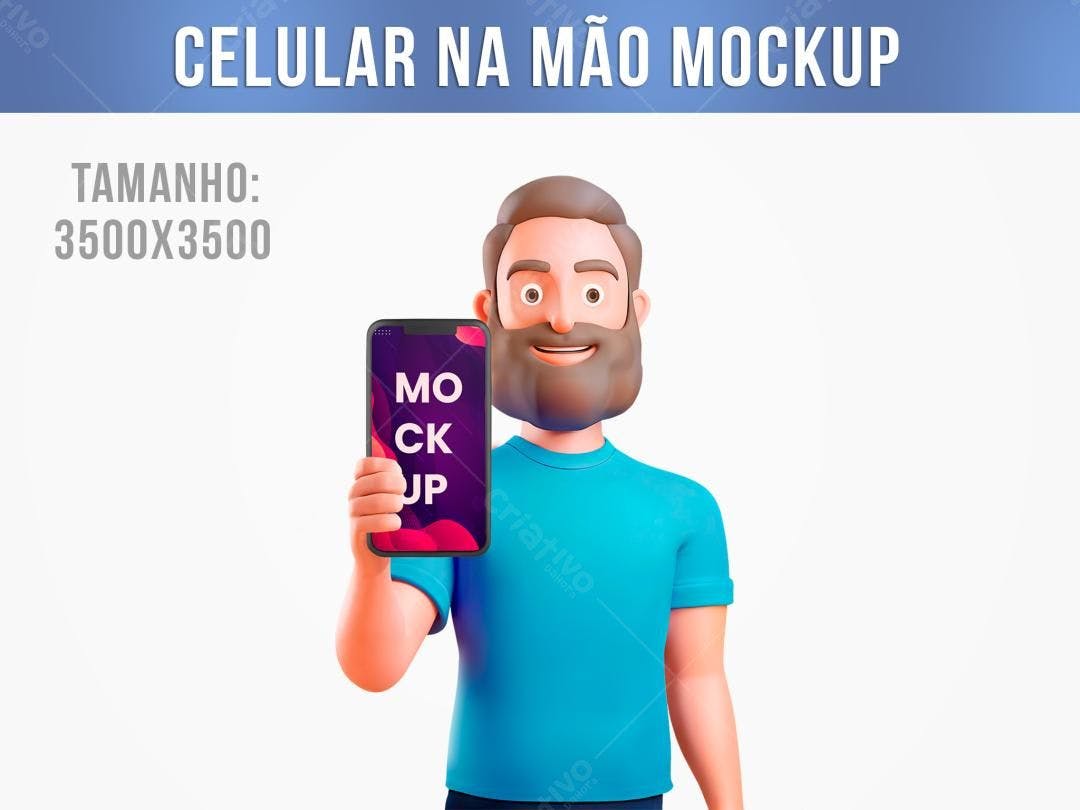 Mockup 3D de Celular na Mão: Homem com Barba