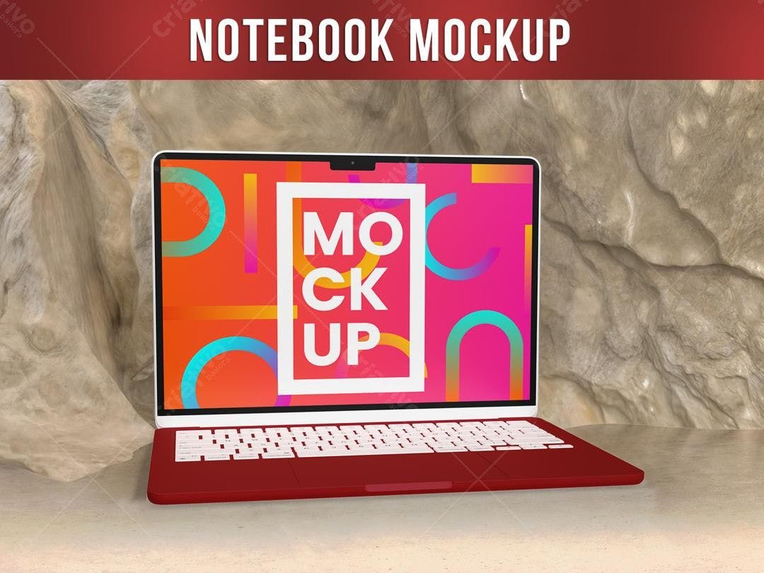 Mockup Notebook Vermelho Moderno em Mesa de Pedra