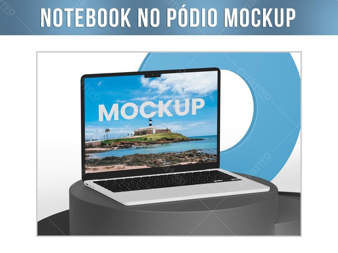 Mockup Notebook Moderno em Pódio Cinza e Azul