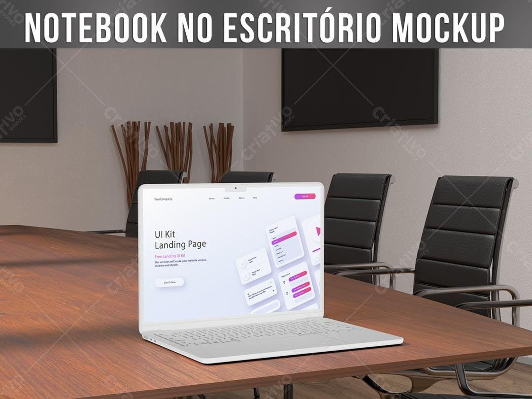 Mockup de Notebook Branco em Sala de Reuniões Moderna
