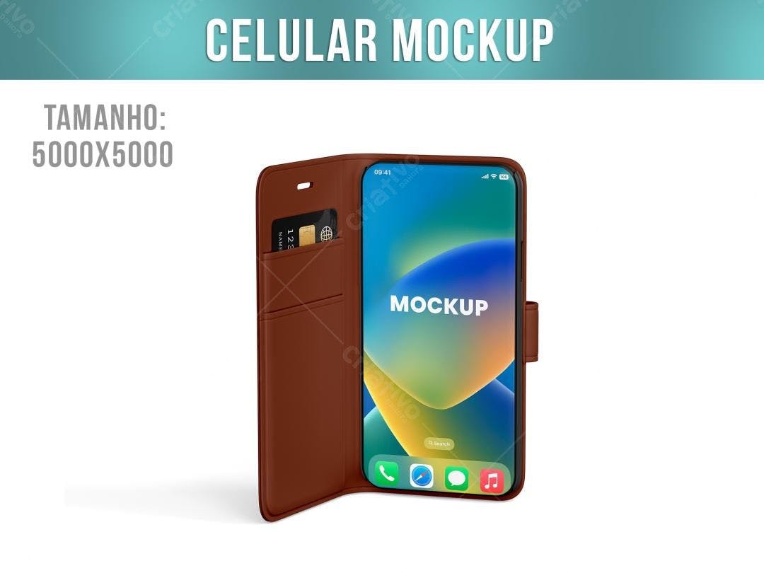 Mockup Celular com Capa Marrom em Perspectiva Isométrica