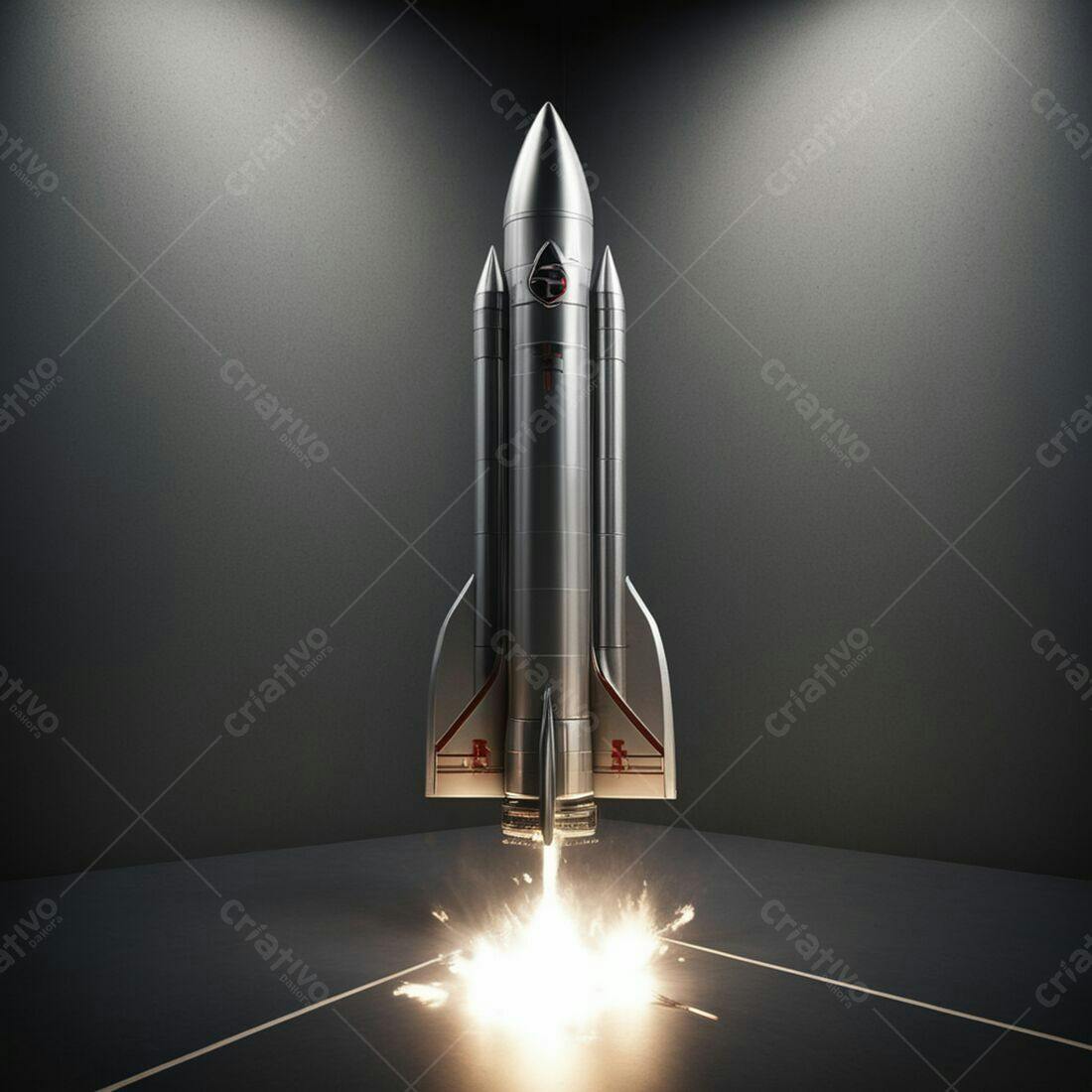 Foguete espacial decolando em plataforma escura