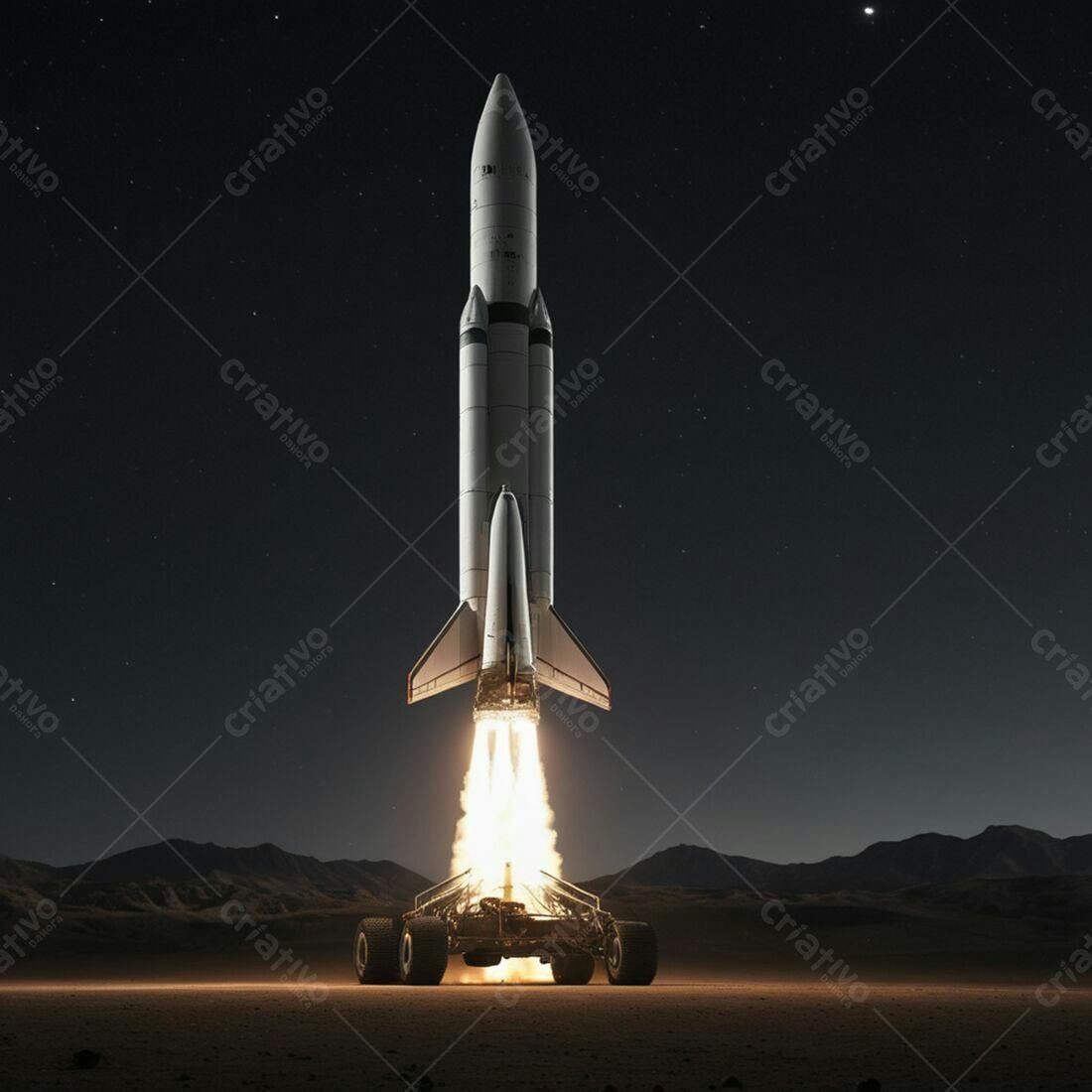 Foguete decolando em deserto noturno