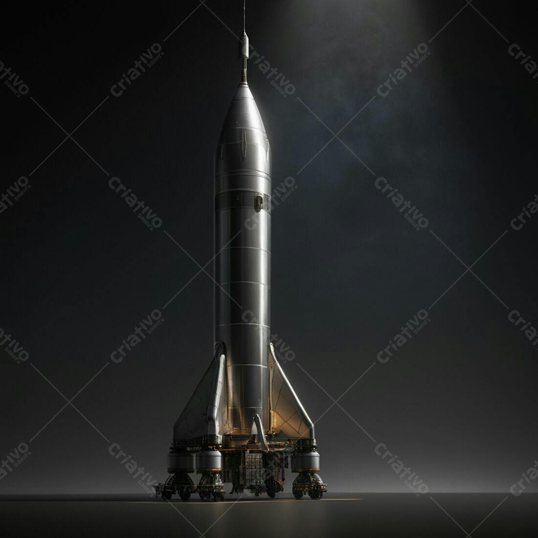 Foguete espacial metálico em plataforma de lançamento