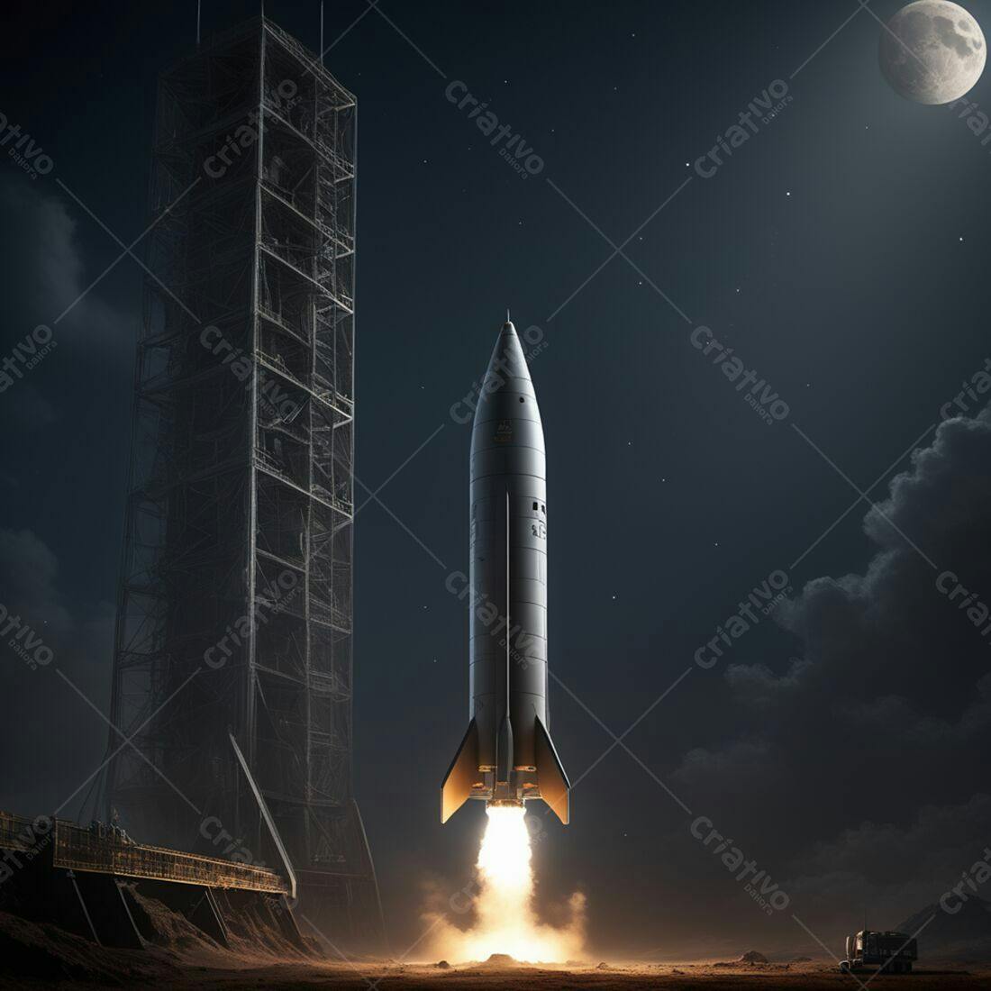 Foguete espacial decolando à noite