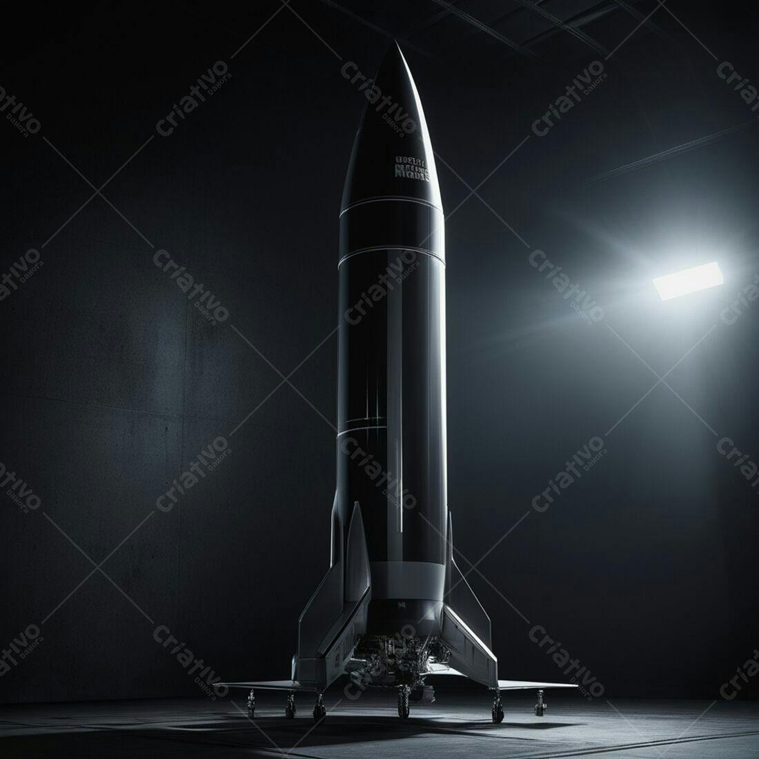 Foguete espacial preto em hangar escuro
