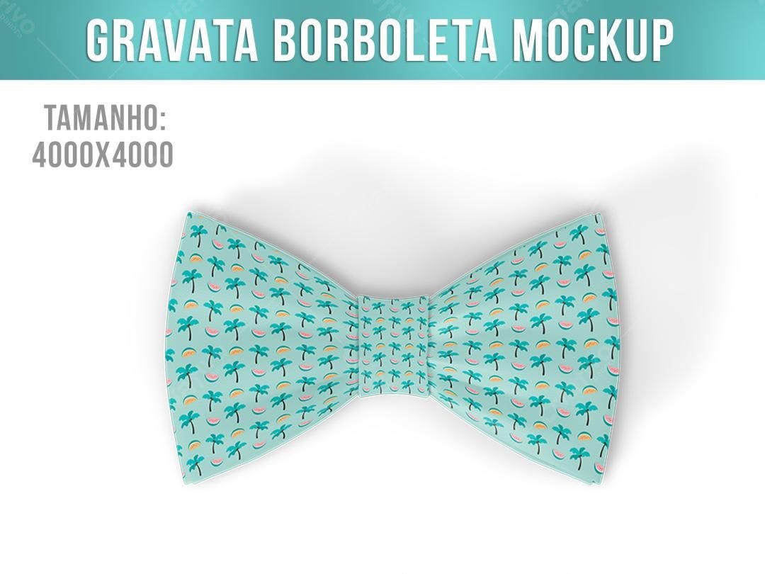 Mockup Gravata Borboleta Tropical: Azul Claro com Palmeiras e Melancia