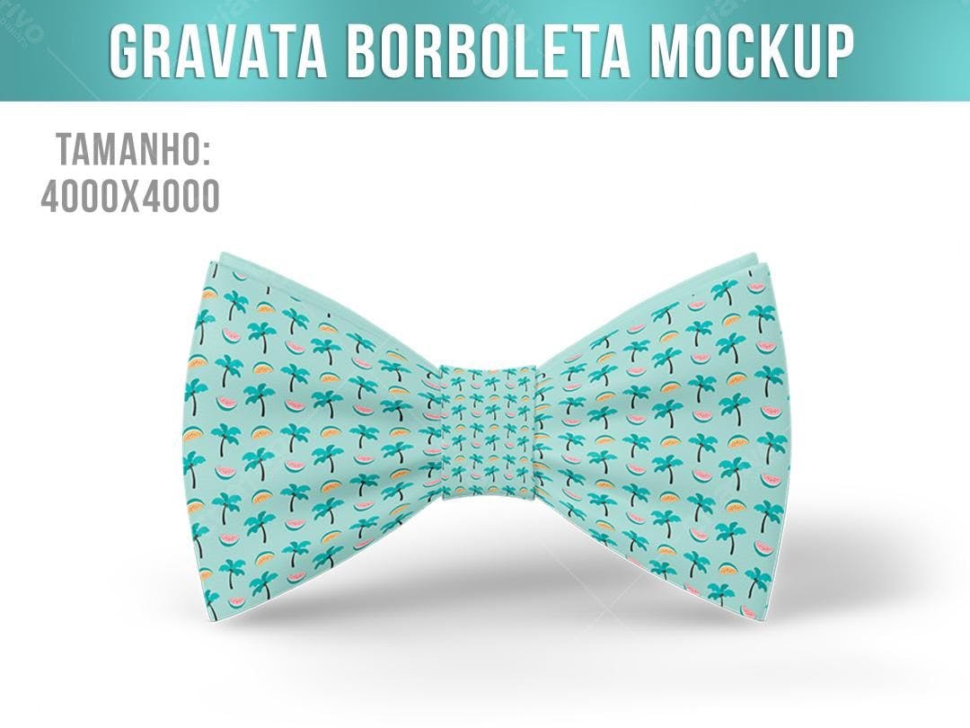 Mockup Gravata Borboleta Tropical: Azul Claro com Palmeiras e Melancia